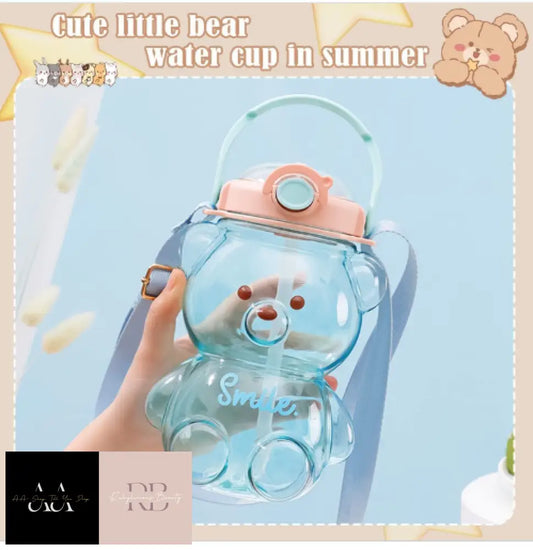 Kawaii Bear Plastic Water Bottle With Straw Shoulder Strap Cute Kids Bottles Uk