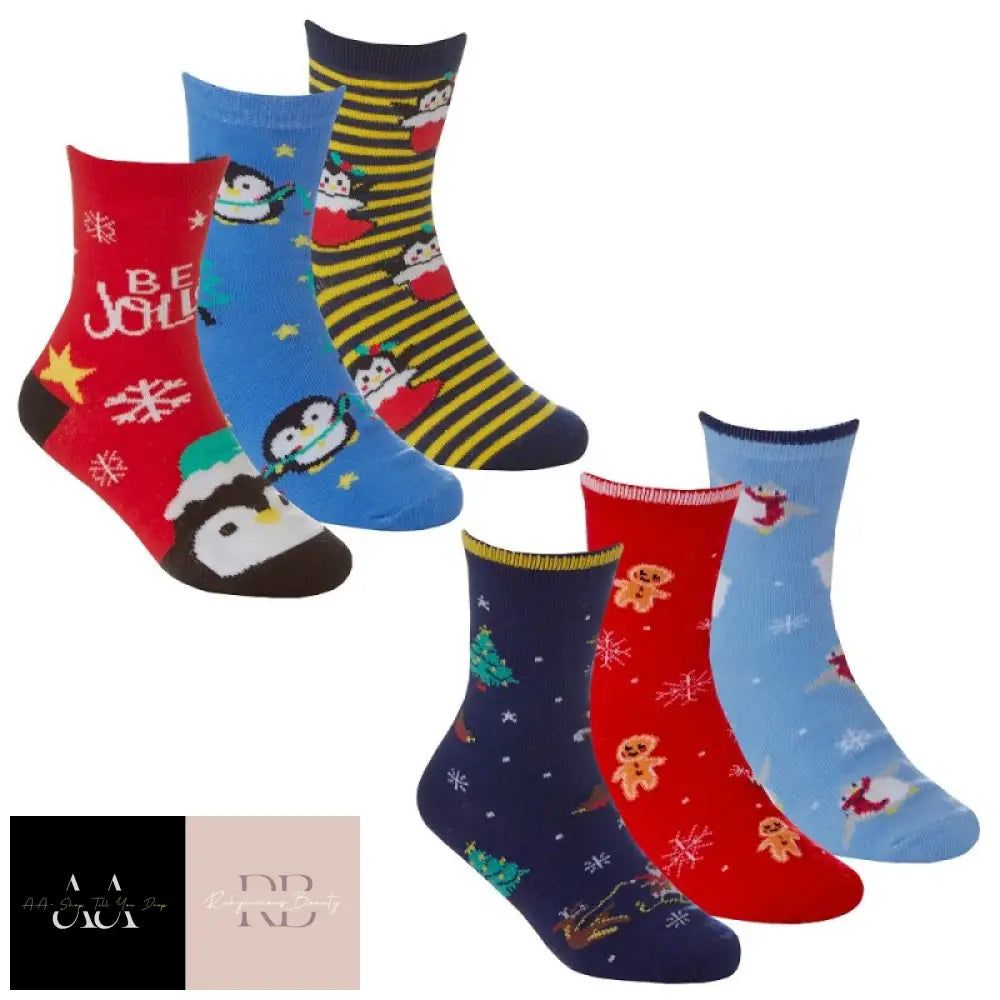 Kids 3 Pack Christmas Cotton Rich Design Ankle Socks (Assorted Sizes)