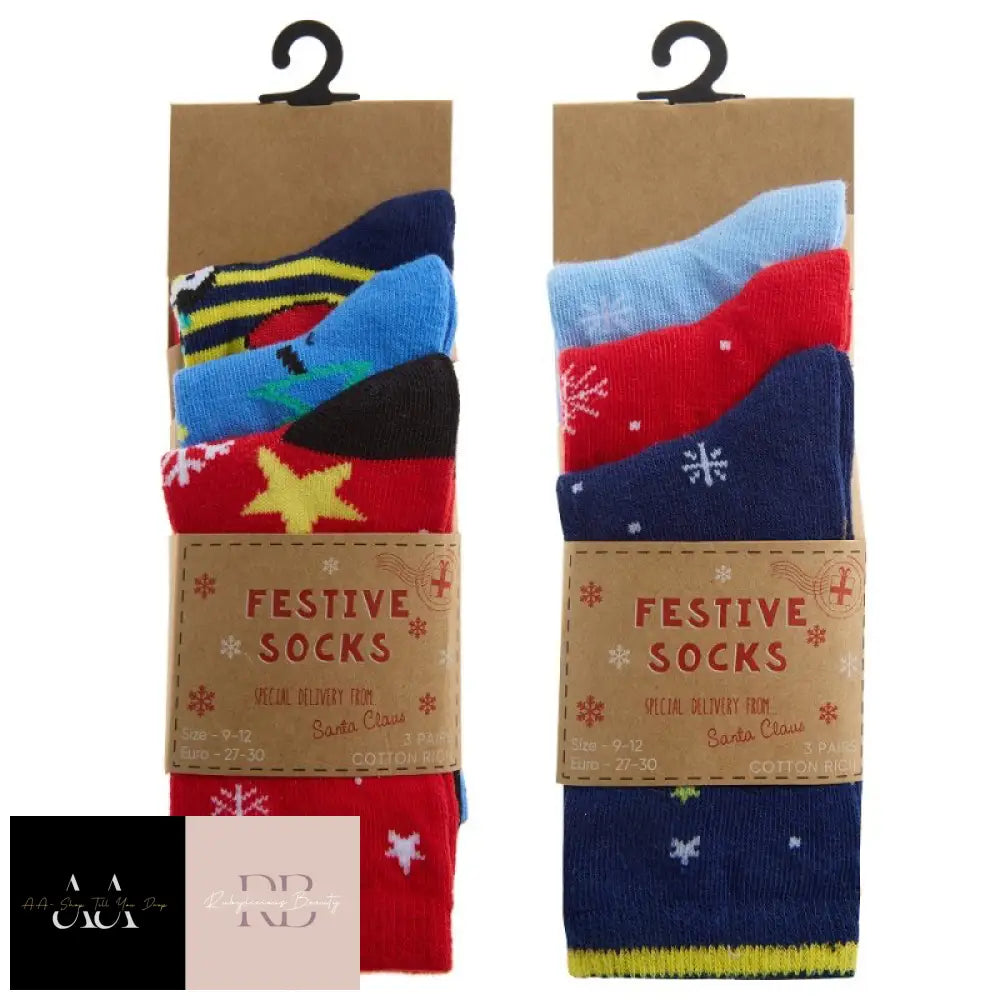 Kids 3 Pack Christmas Cotton Rich Design Ankle Socks (Assorted Sizes)