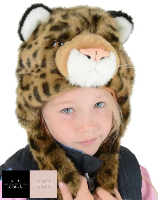Kids Deluxe Faux Fur Brown Leopard Hat With Ear Flaps