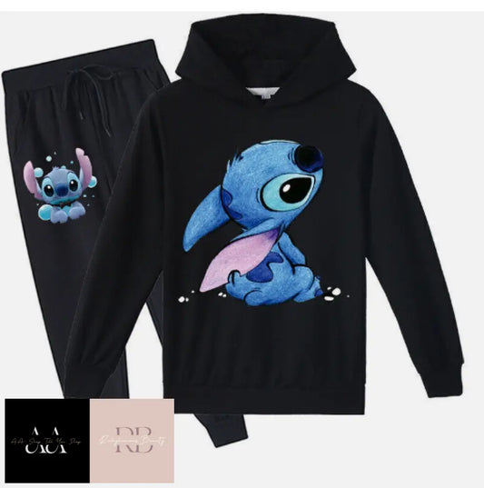 Kids Lilo Stitch Tracksuit Hoodies+Trousers Boys Girls Tops Pant Sweatshirt 4 - 5- Yrs / Black