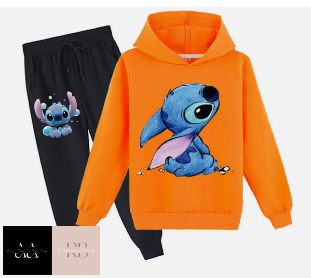 Kids Lilo Stitch Tracksuit Hoodies+Trousers Boys Girls Tops Pant Sweatshirt 4 - 5- Yrs / Orange