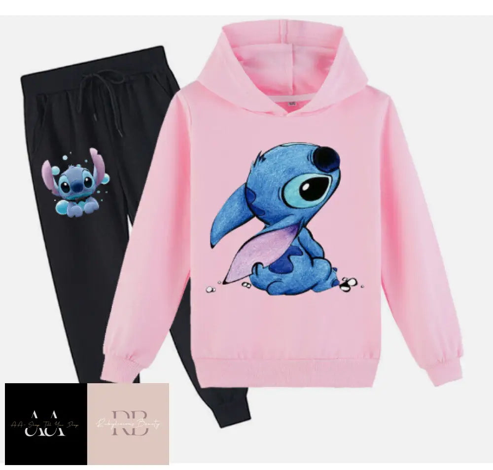 Kids Lilo Stitch Tracksuit Hoodies+Trousers Boys Girls Tops Pant Sweatshirt 4 - 5- Yrs / Pink