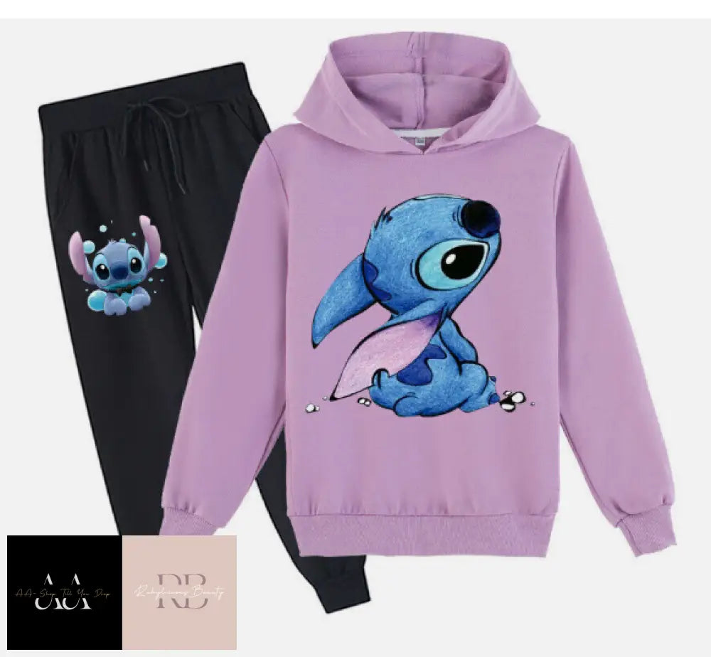 Kids Lilo Stitch Tracksuit Hoodies+Trousers Boys Girls Tops Pant Sweatshirt 4 - 5- Yrs / Purple