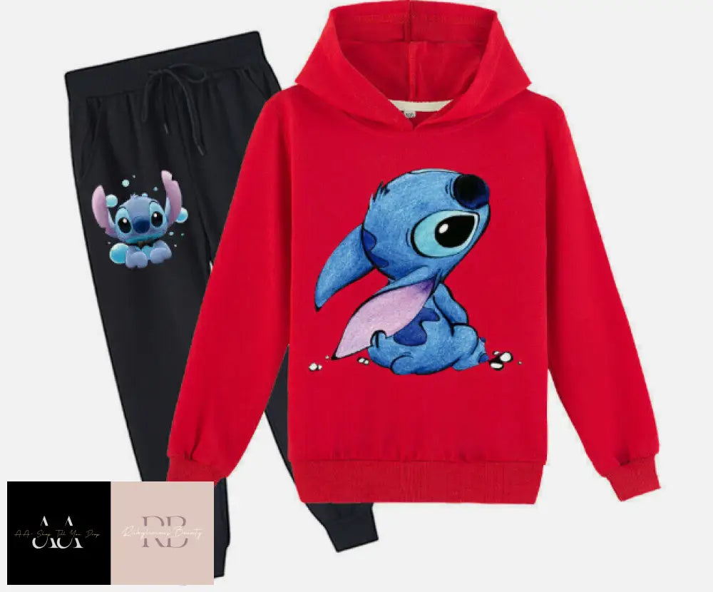 Kids Lilo Stitch Tracksuit Hoodies+Trousers Boys Girls Tops Pant Sweatshirt 4 - 5- Yrs / Red