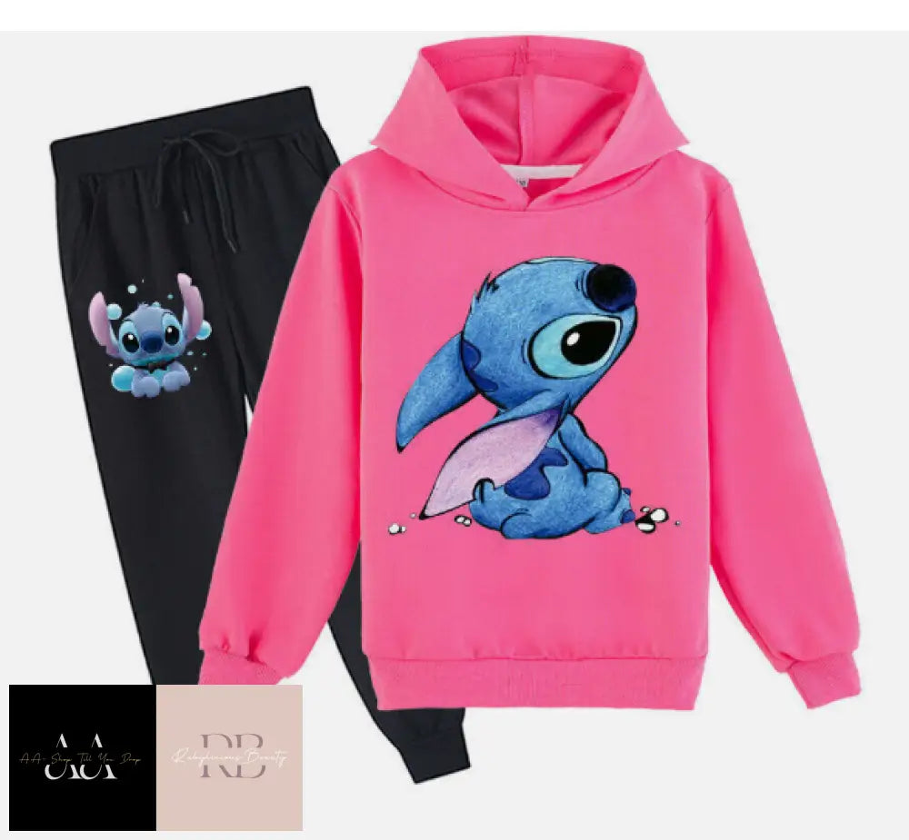 Kids Lilo Stitch Tracksuit Hoodies+Trousers Boys Girls Tops Pant Sweatshirt 4 - 5- Yrs / Rose Red