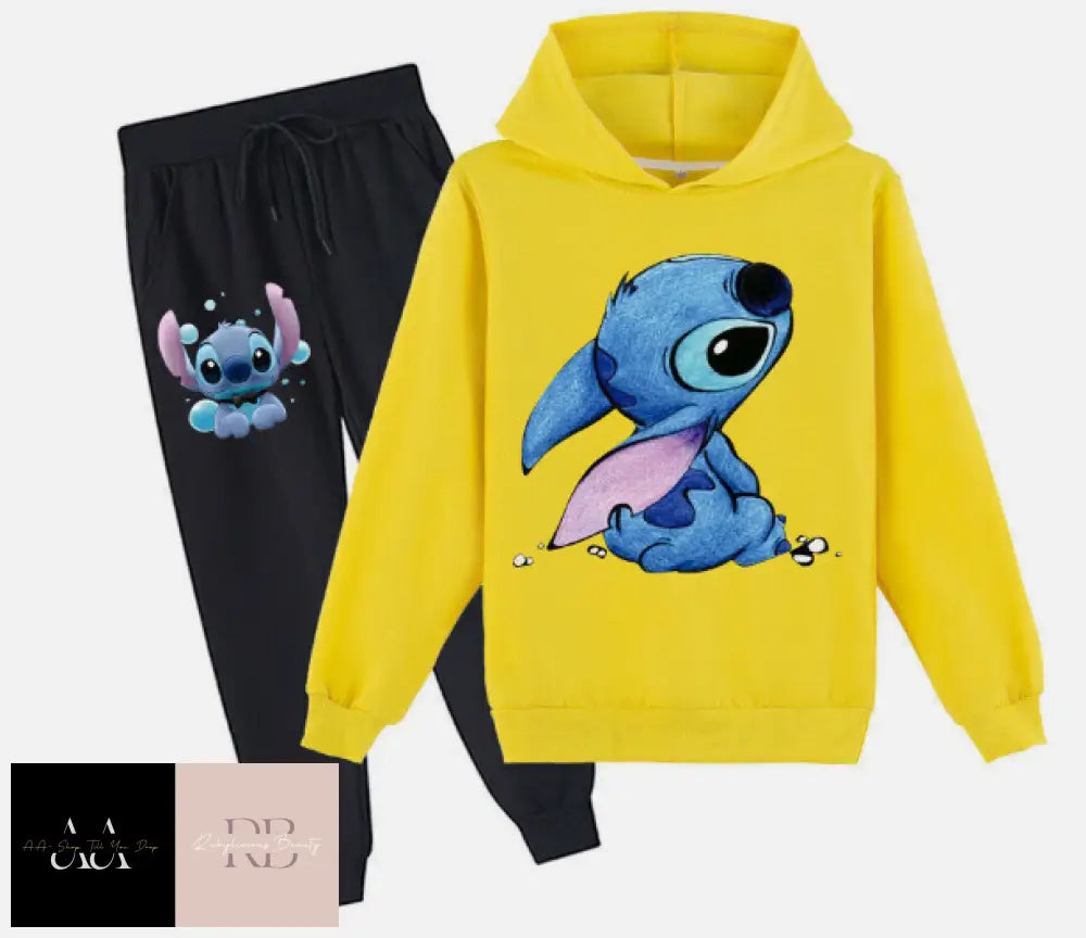 Kids Lilo Stitch Tracksuit Hoodies+Trousers Boys Girls Tops Pant Sweatshirt 4 - 5- Yrs / Yellow