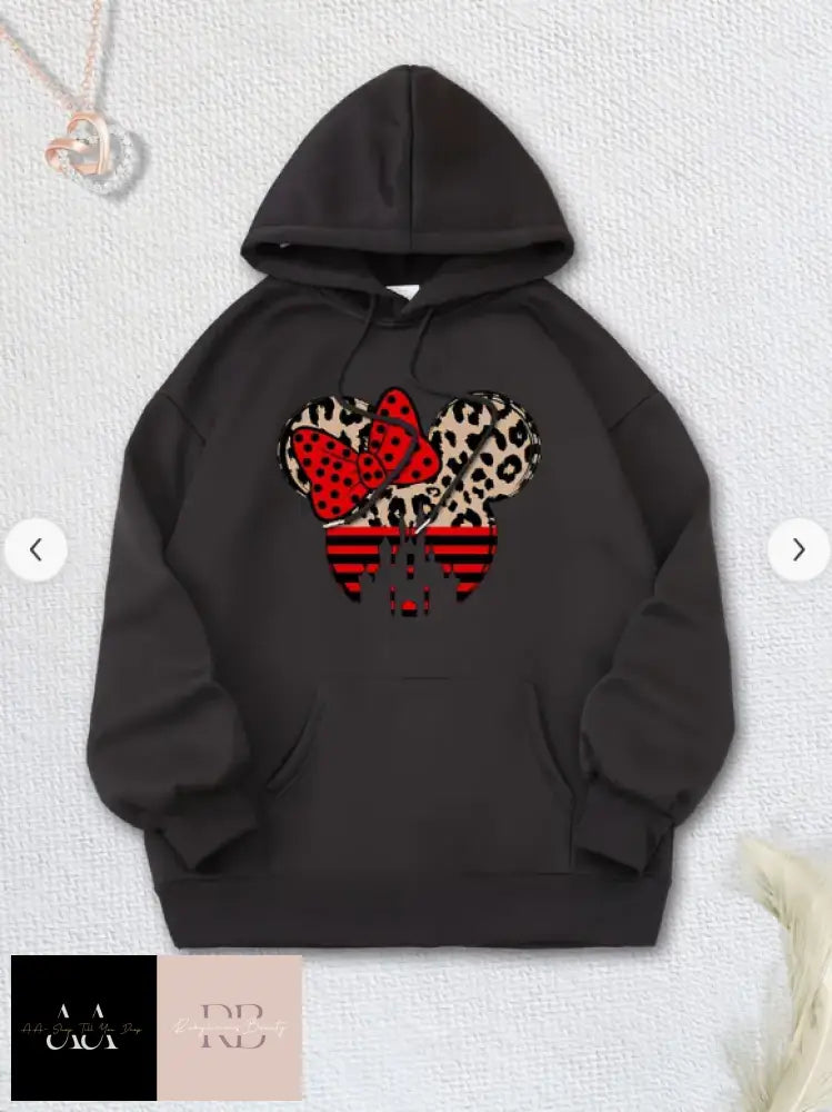 Leopard Print And Bow Cartoon Fleece Lined Drawstring Causal Hooded Sweatshirt - Black