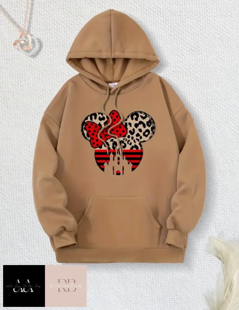 Leopard Print And Bow Cartoon Fleece Lined Drawstring Causal Hooded Sweatshirt - Khaki