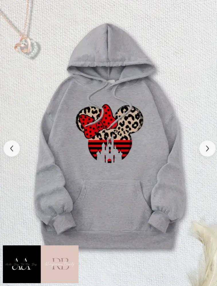 Leopard Print And Bow Cartoon Fleece Lined Drawstring Causal Hooded Sweatshirt - Light Grey