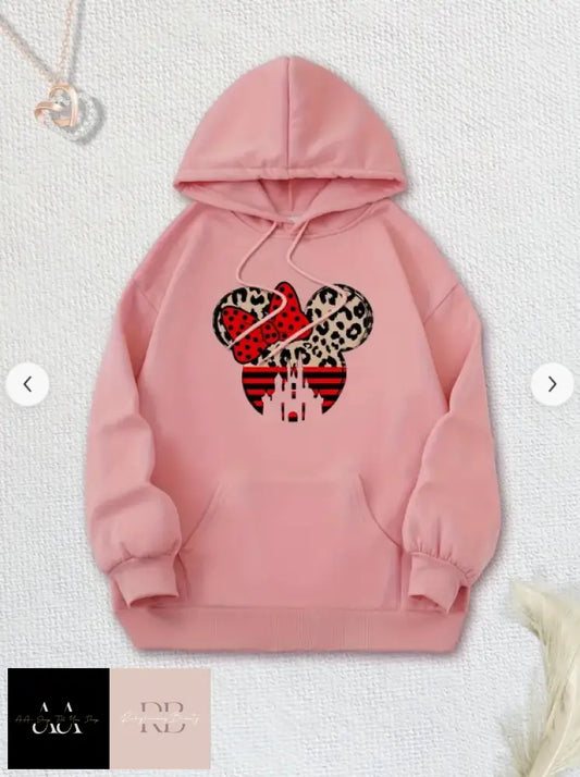 Leopard Print And Bow Cartoon Fleece Lined Drawstring Causal Hooded Sweatshirt - Pink