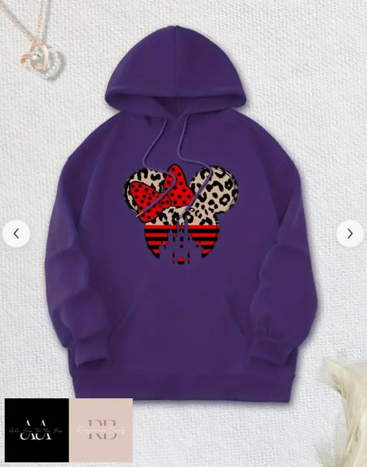 Leopard Print And Bow Cartoon Fleece Lined Drawstring Causal Hooded Sweatshirt - Purple