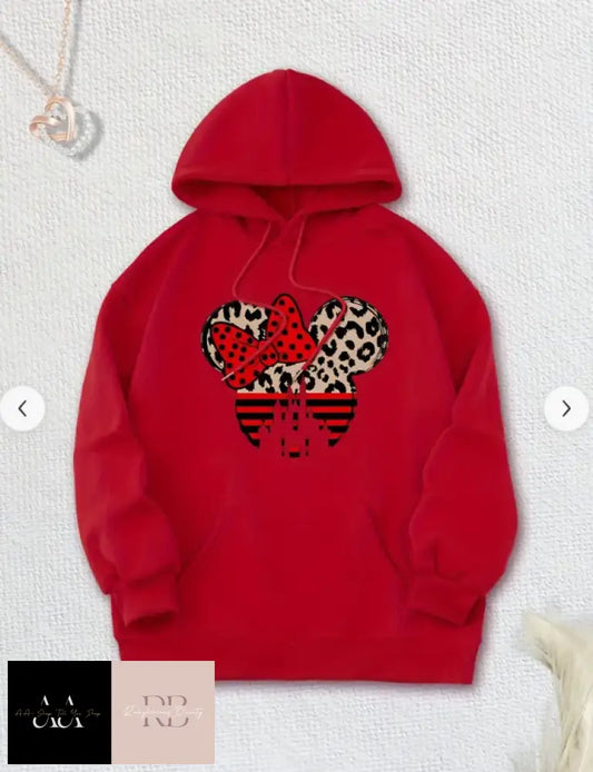 Leopard Print And Bow Cartoon Fleece Lined Drawstring Causal Hooded Sweatshirt - Red