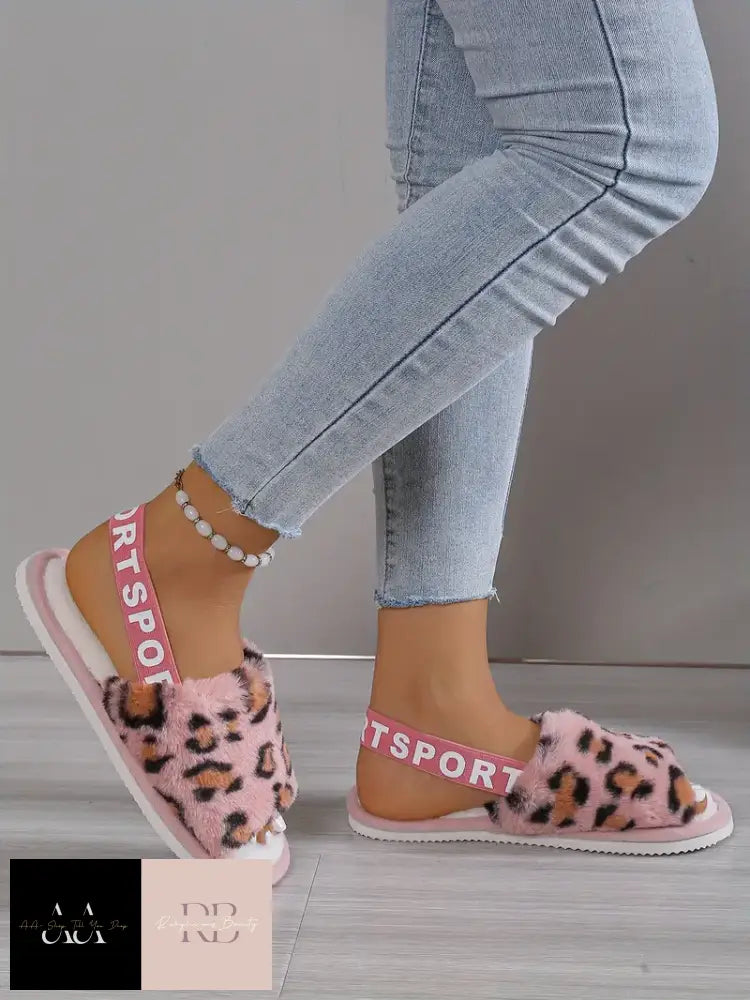 Leopard Print Fuzzy Flat Slippers - Rose Red