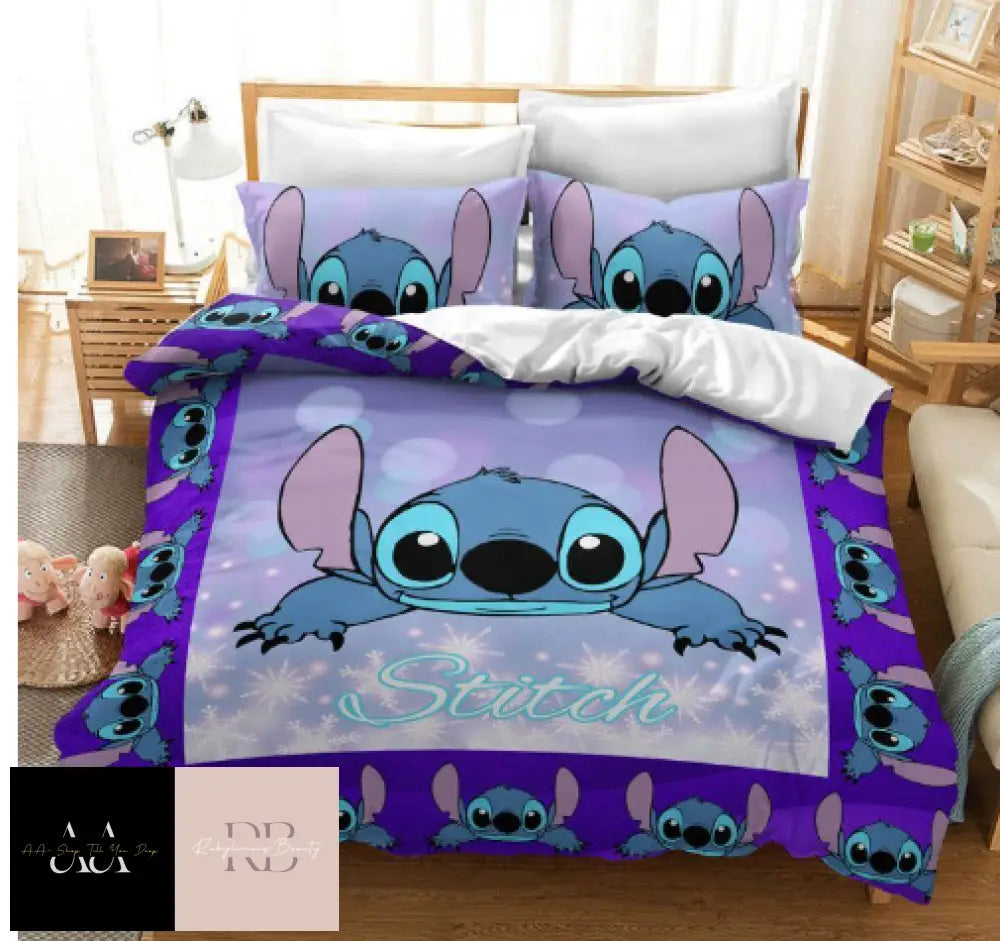 Lilo Stitch Cute Cartoon Quilt Duvet Cover Bedding Set Pillowcase - Double Choice Of Designs Purple