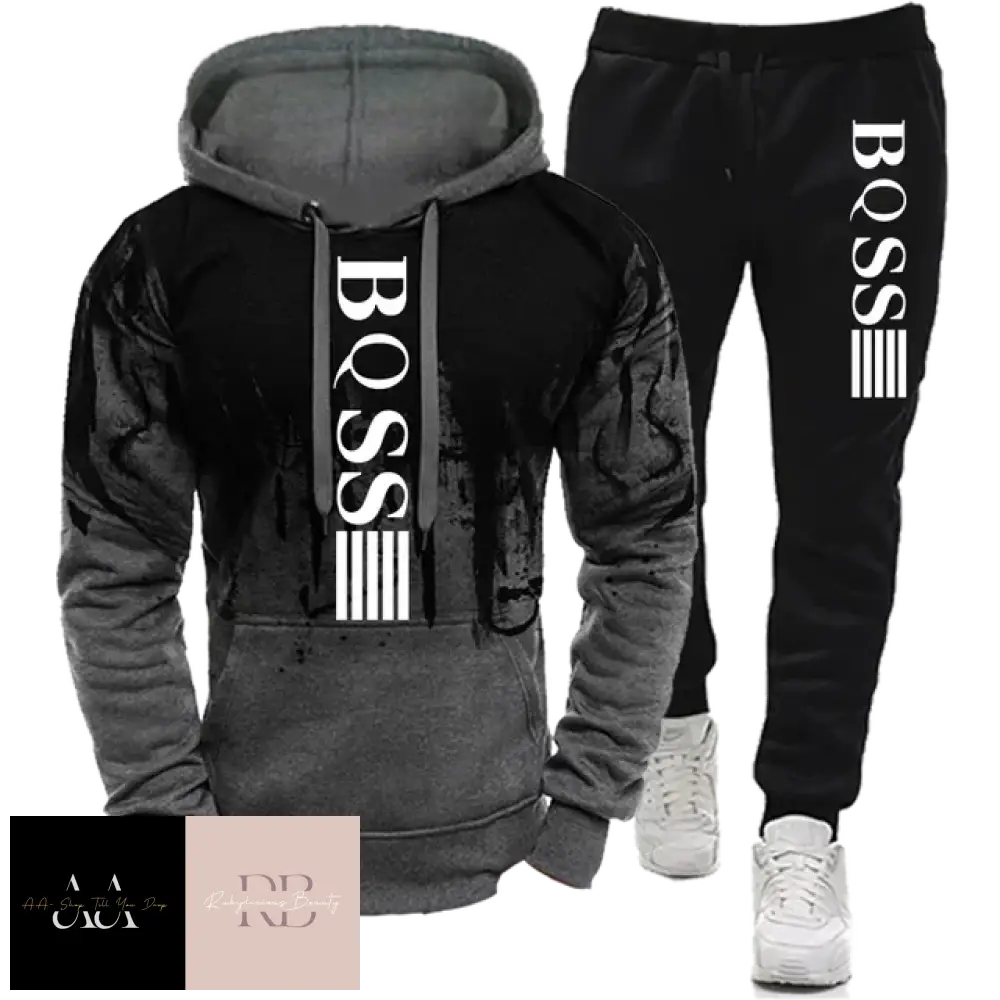 Mens 2Pcs Hoodie Tracksuit Boss Print - Gray