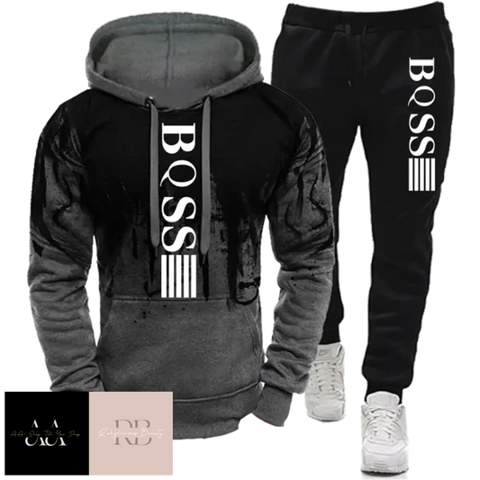 Mens 2Pcs Hoodie Tracksuit Boss Print - Gray