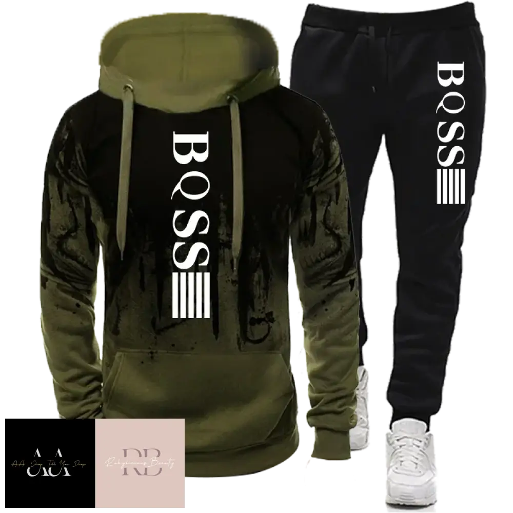 Mens 2Pcs Hoodie Tracksuit Boss Print - Green