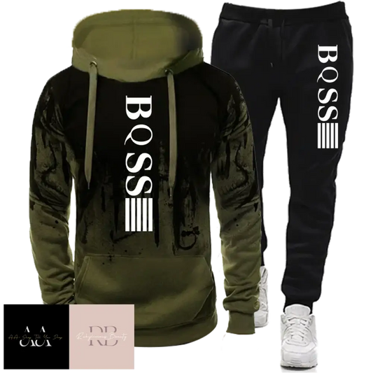 Mens 2Pcs Hoodie Tracksuit Boss Print - Green