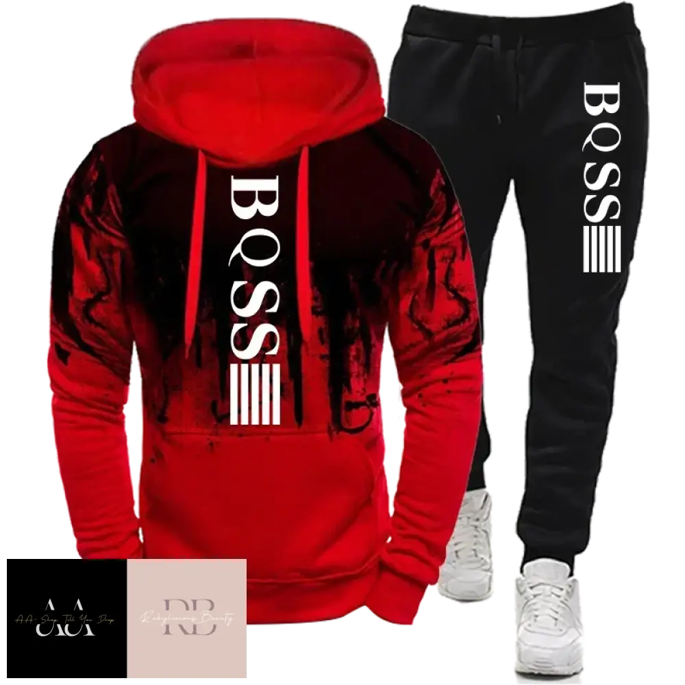 Mens 2Pcs Hoodie Tracksuit Boss Print - Red