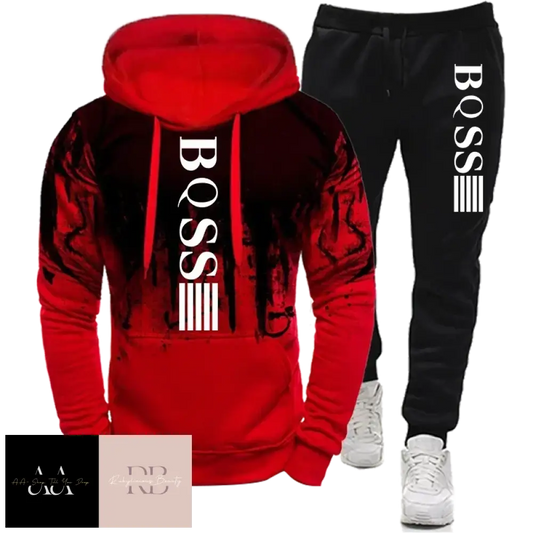 Mens 2Pcs Hoodie Tracksuit Boss Print - Red