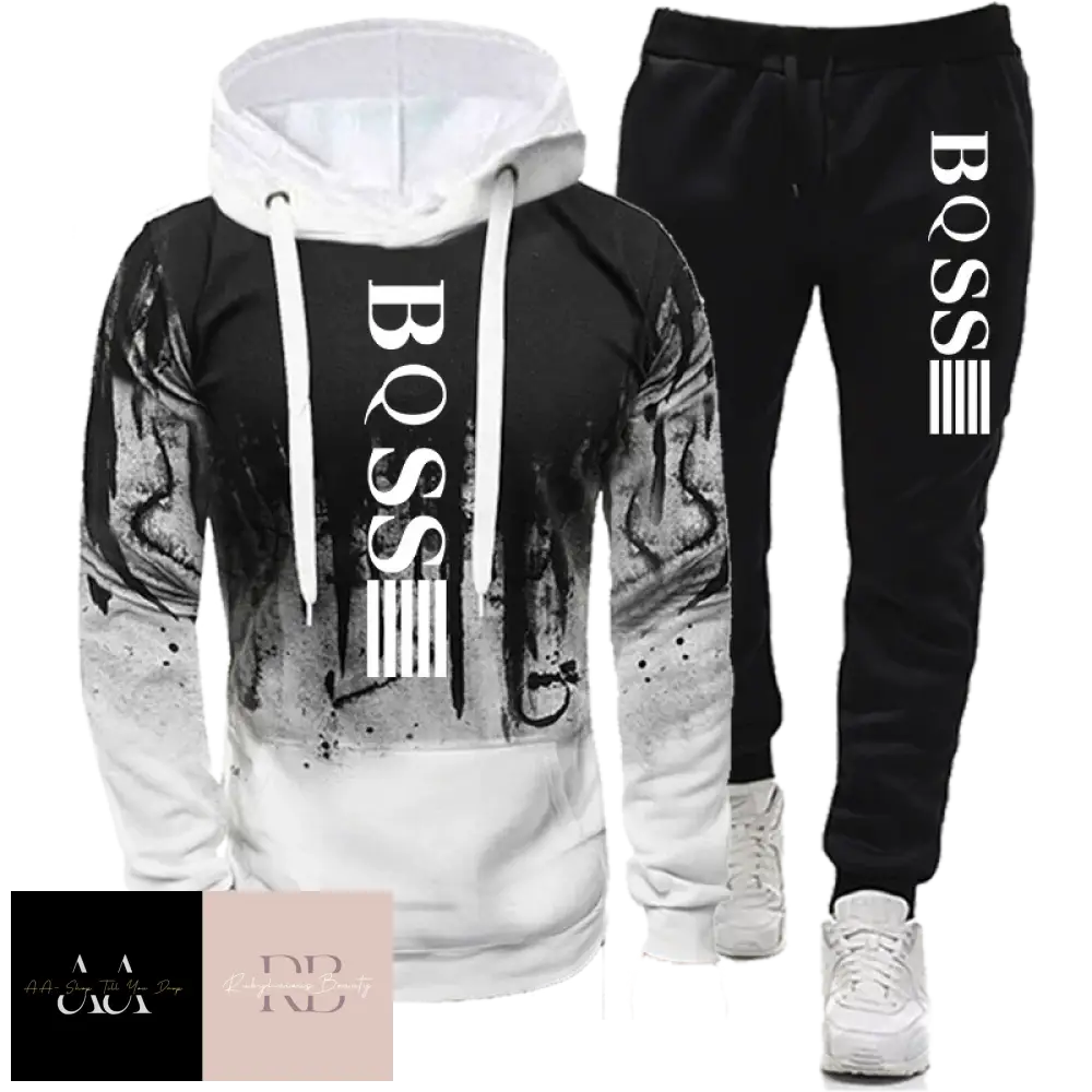 Mens 2Pcs Hoodie Tracksuit Boss Print - White