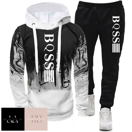 Mens 2Pcs Hoodie Tracksuit Boss Print - White