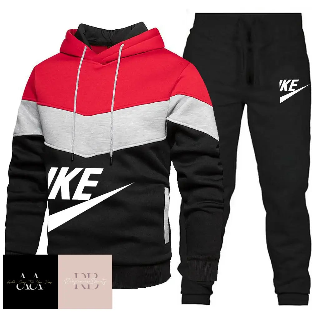 Mens 2Pcs Hoodie Tracksuit Ike Print - Black/Grey/Red