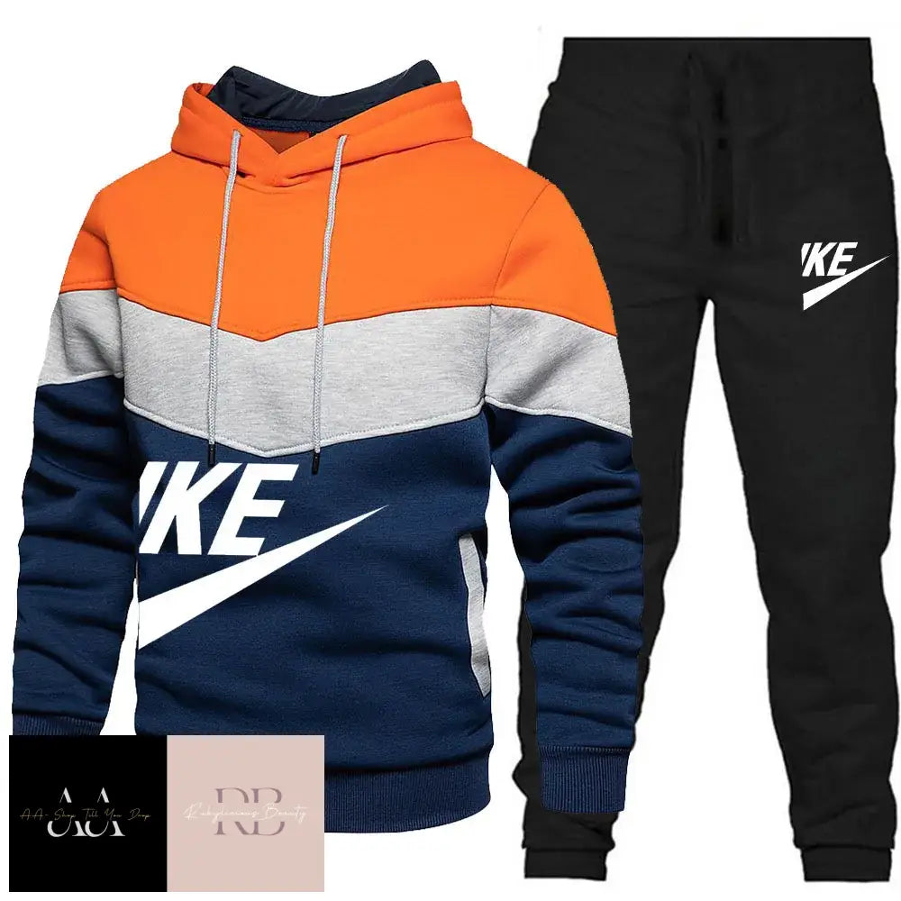 Mens 2Pcs Hoodie Tracksuit Ike Print - Blue/Grey/Orange