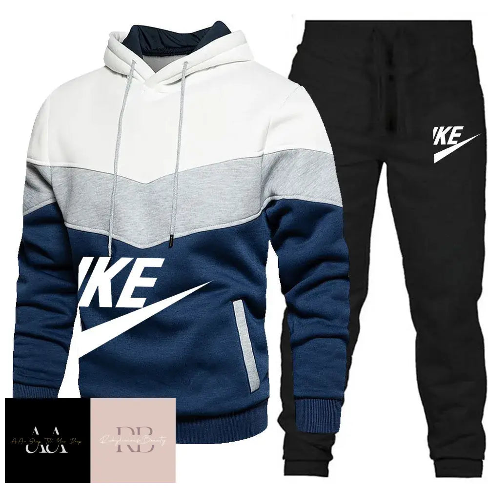 Mens 2Pcs Hoodie Tracksuit Ike Print - Blue/Grey/White