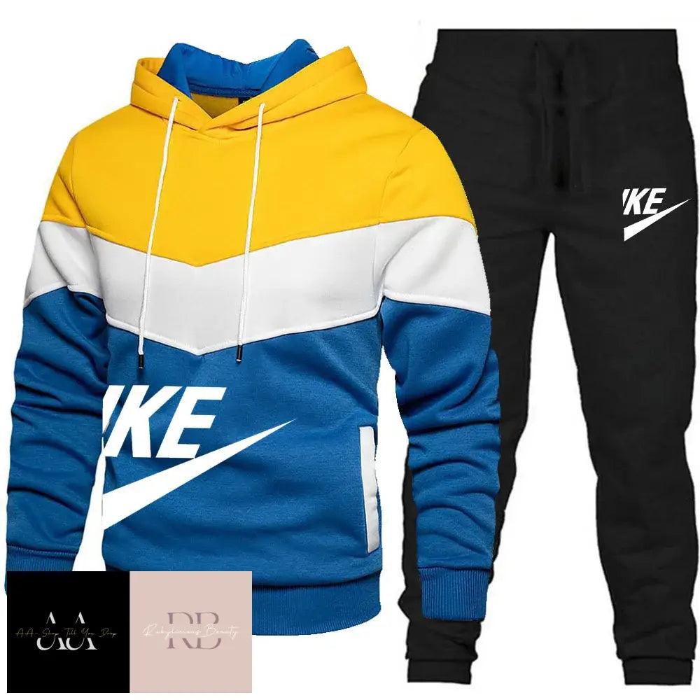 Mens 2Pcs Hoodie Tracksuit Ike Print - Blue/White/Yellow