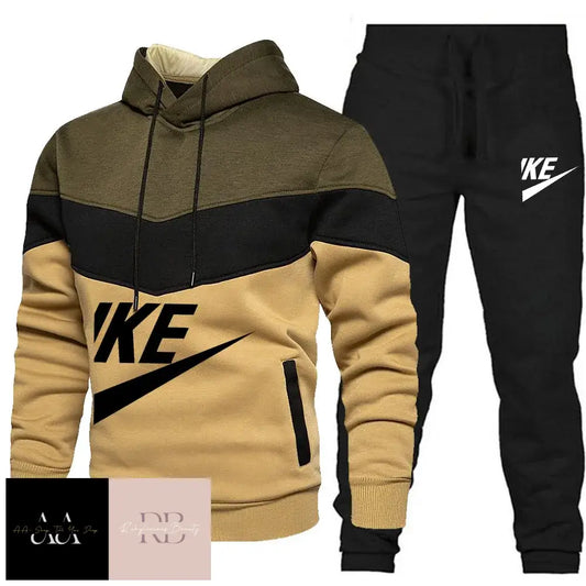 Mens 2Pcs Hoodie Tracksuit Ike Print - Khaki/Black/Brown Black Tick