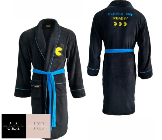 Mens Gamer Gift Pac Man Dressing Gown Ex Uk Brand Long Fleece Warm Soft Robe