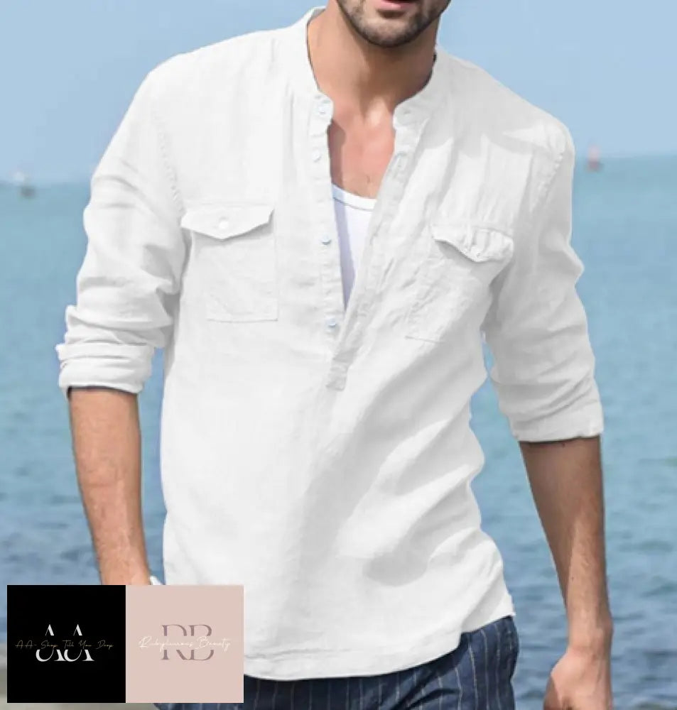 Mens Long Sleeve Cotton Linen Henley Shirt