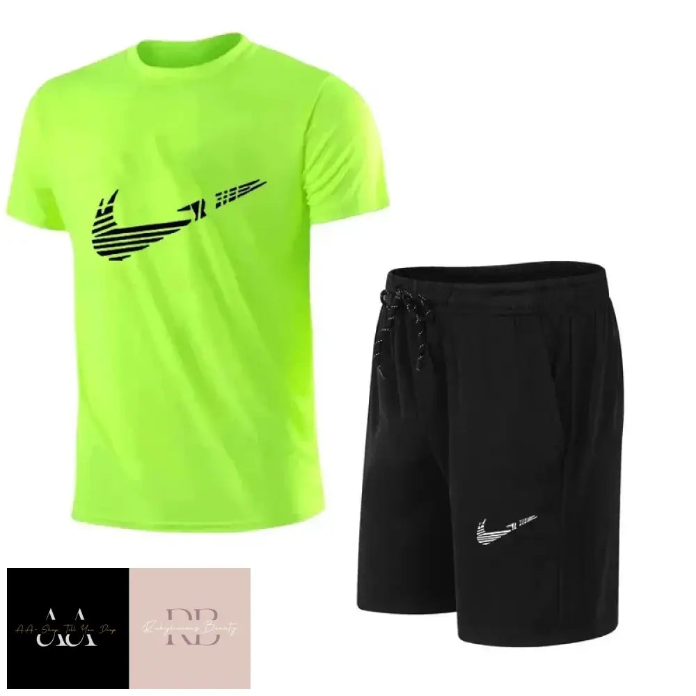 Mens N!Ike Tick Short Set - Yellow/Green Top With Black Shorts