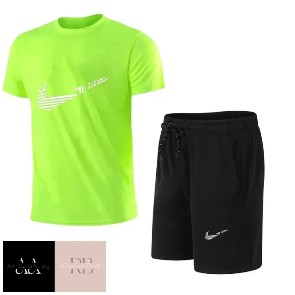 Mens N!Ike Tick Short Set - Yellow/Green Top With Black Shorts (White Ticks)