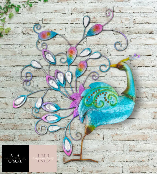 Metal Mirrored Peacock Hand Painted Wall Art - 60Cm