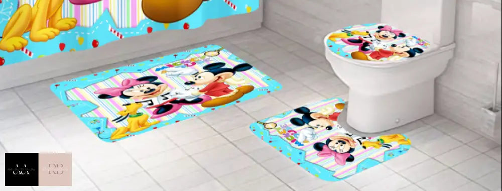 Mickey Shower Curtain Bathroom Rug Set Thick Bath Mat Non-Slip Toilet Lid Cover