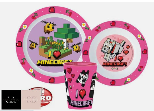 Minecraft Pink Childrens Kids Toddlers 3 Pc Dinner Breakfast Set Plate Bowl Cup
