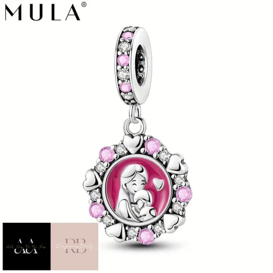 Mula 925 Silver Plated Warm Pink Color Enamel Cubic Zirconia Mother And Daughter Family Love Charm