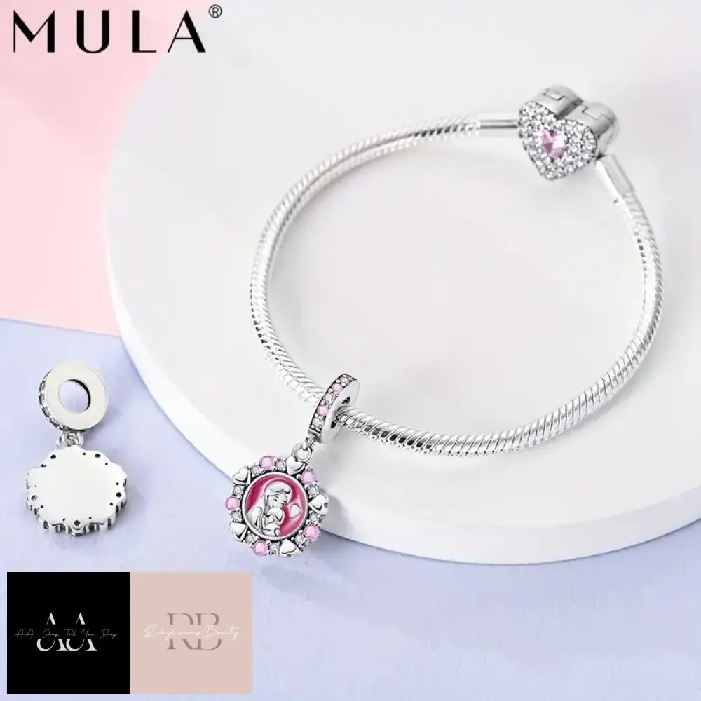 Mula 925 Silver Plated Warm Pink Color Enamel Cubic Zirconia Mother And Daughter Family Love Charm