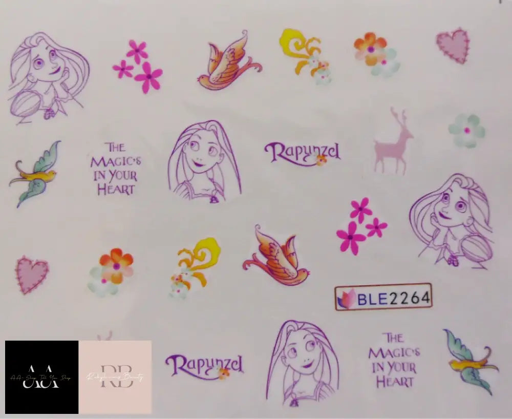 Nail Art Rapunzel Magic Flower Birds Love Girl Water Decal Sticker 2264