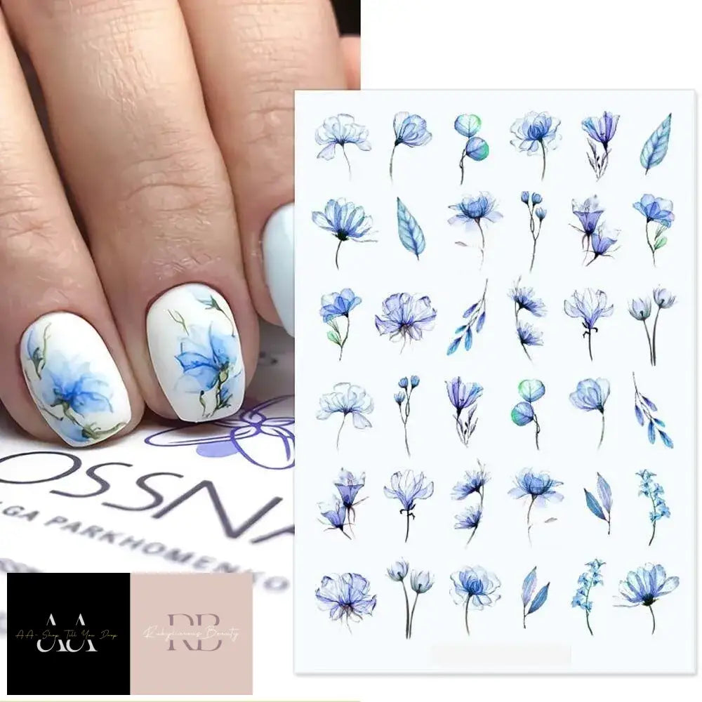 Nail Art Stickers - Blue Flowers Floral Fern