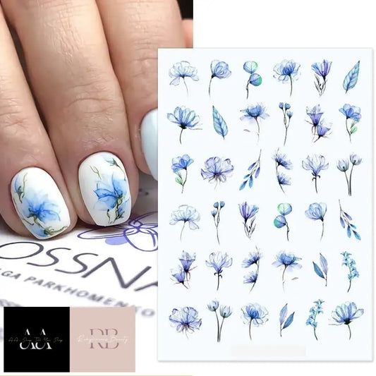 Nail Art Stickers - Blue Flowers Floral Fern