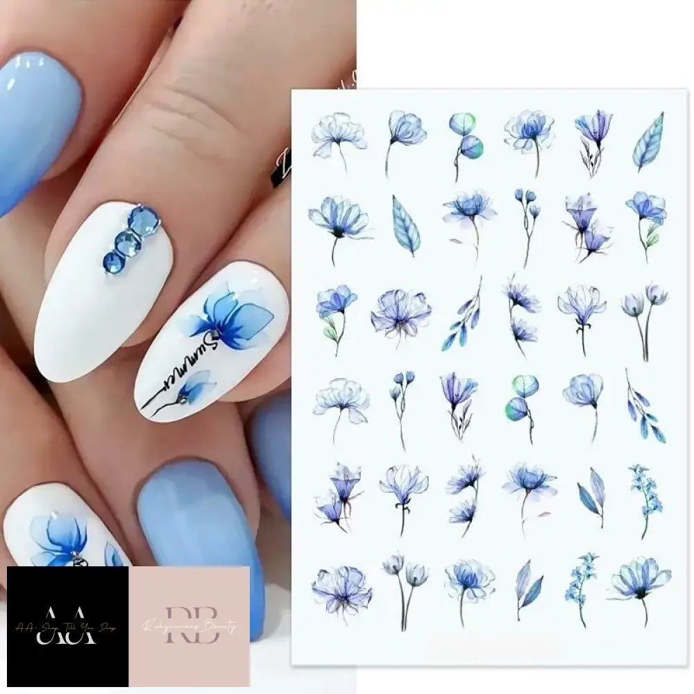 Nail Art Stickers - Blue Flowers Floral Fern