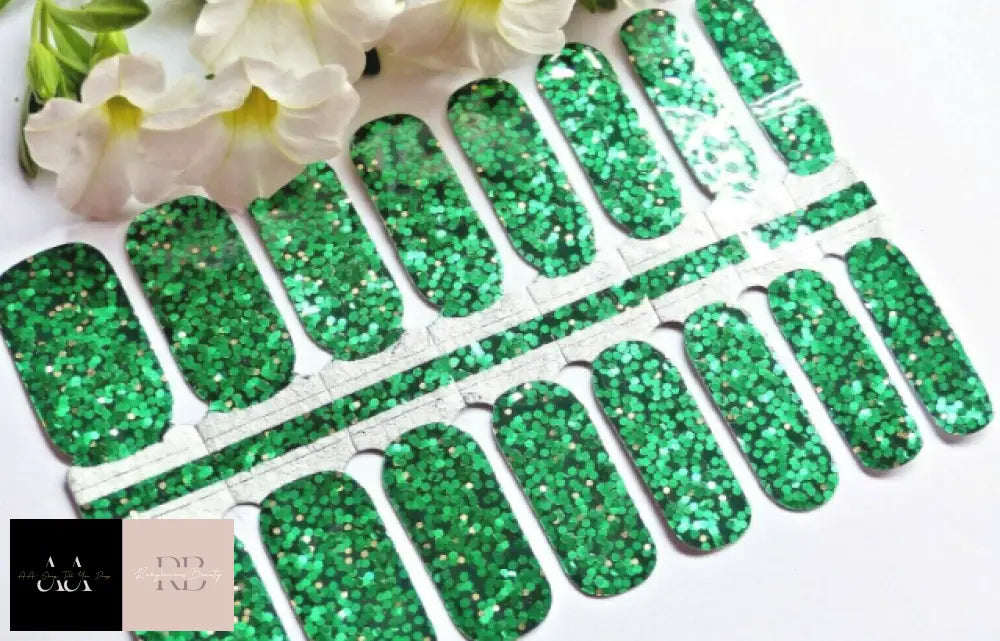 Nails Self Adhesive Full Nail Polish Wrap Sticker Emerald Green Gold Glitter W15