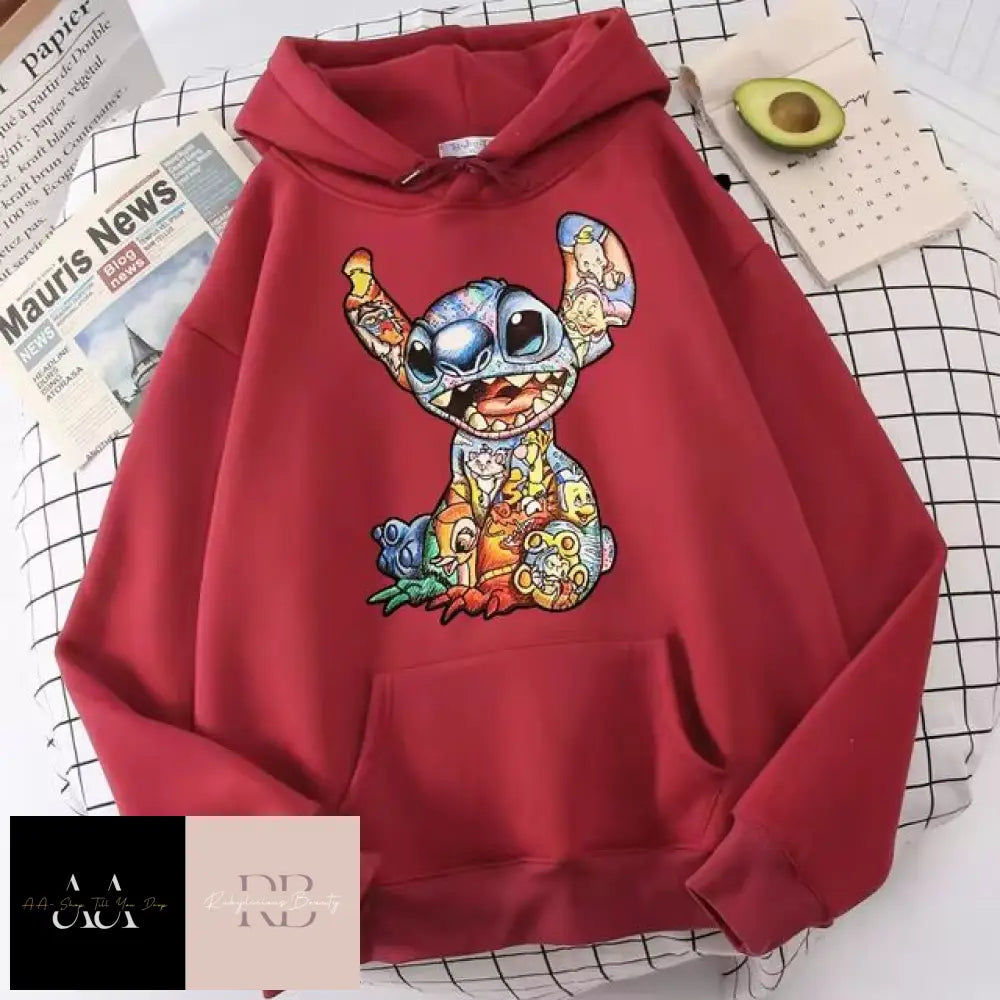 New Disney Funny Stitch Hoodies - Women Xs / Dark Red