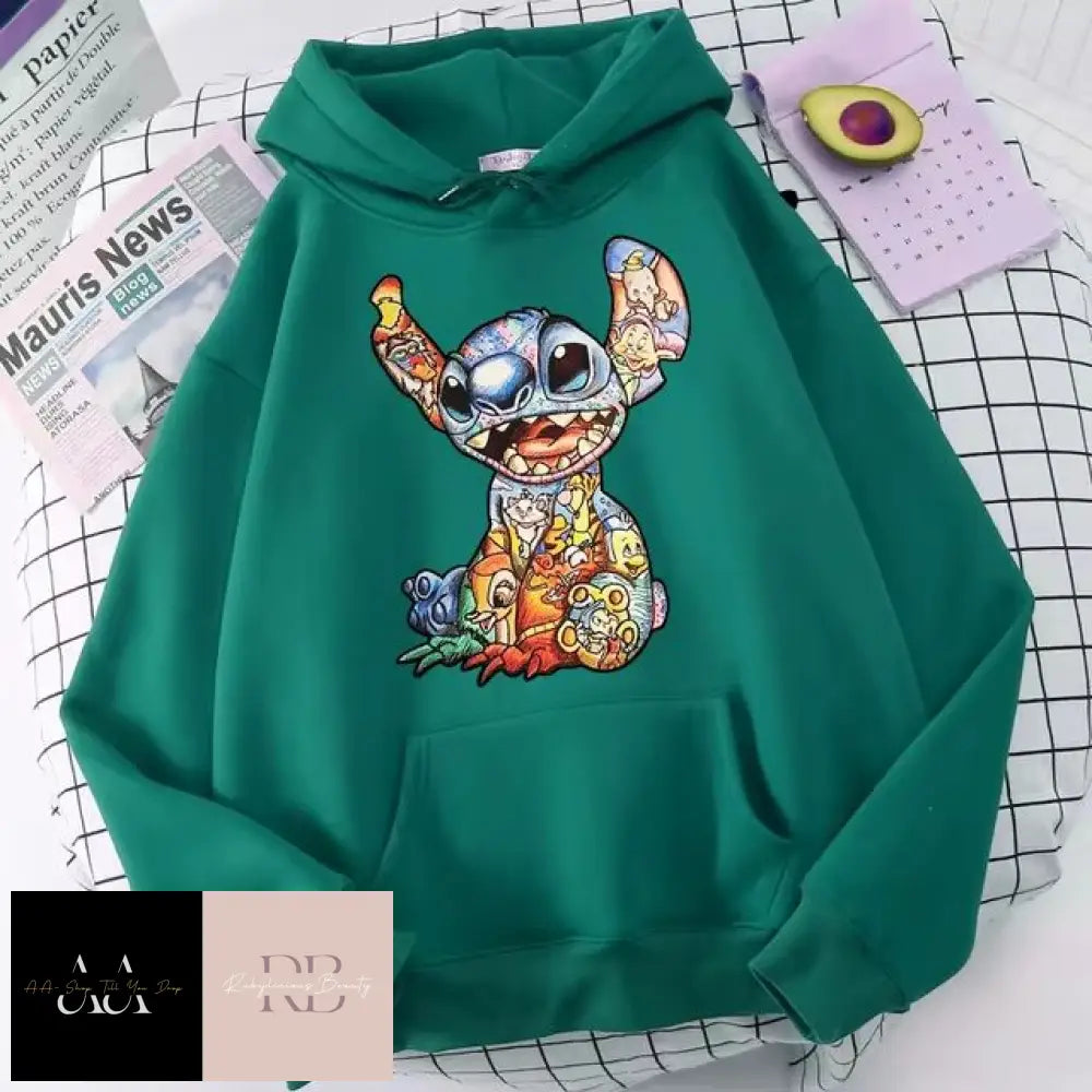 New Disney Funny Stitch Hoodies - Women Xs / Green