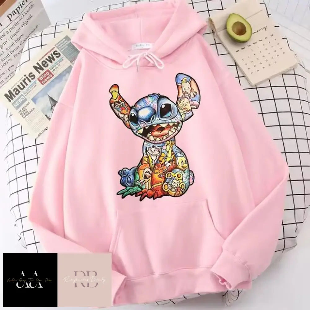 New Disney Funny Stitch Hoodies - Women Xs / Pink