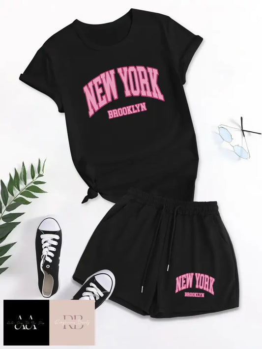 New York Short Sleeved T-Shirt And Shorts - Black With Pink Text